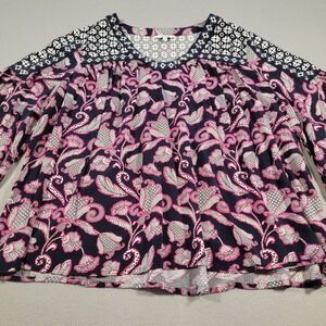 Crown & Ivy Boho‎ Festival Top Floral 3/4 Bell Sleeve V-Neck Blouse Womens Large